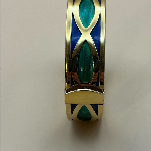 4022-PTT Vintage Signed Napier Bangle Goldtone Metal Blue & Green Geometric - Picture 4 of 13